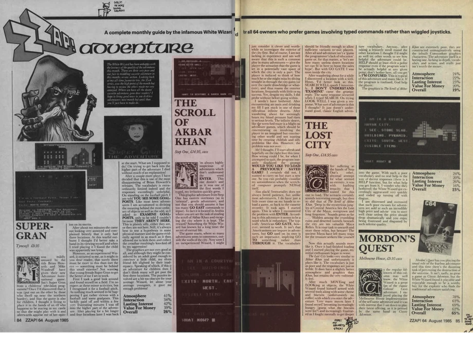 Zzap!64 August 1985, pages 84 and 85: the White Wizard's adventure column reviewing The Scroll of Akbar Khan and The Lost City from Step One