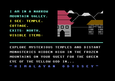 Demo screen for Himalayan Odyssey: a narrow mountain valley with a temple and a cottage, and the sales copy beneath