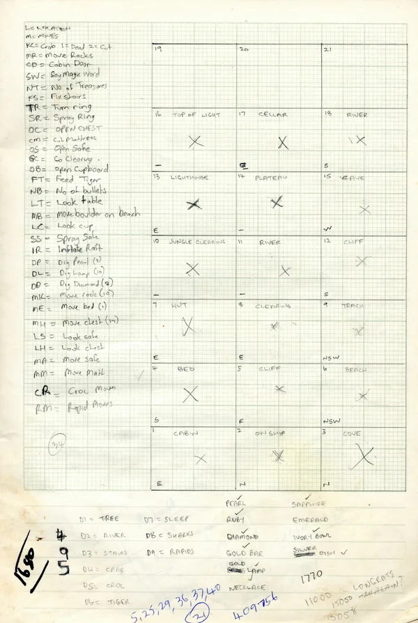 Mystery Island location grid and abbreviation key, with the list of ten treasures, handwritten in pencil